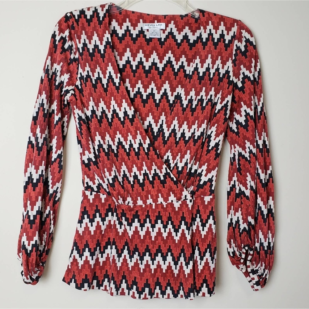 Nieves Lavi 100% Silk‎ Chevron Wrap Shirt Top Cuffs Long Sleeves Size XS